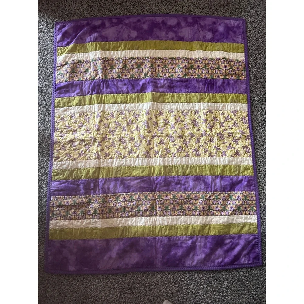 Handmade Floral Striped Quilt Purple Green Cotton Throw Blanket 38
